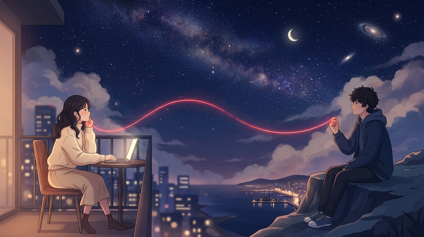 Ilustración romántica del hilo rojo que nos une bajo las estrellas